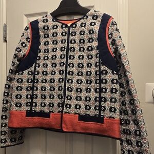 Tory Burch Navy, White & Coral Patterned Cropped "Rainford" Jacket